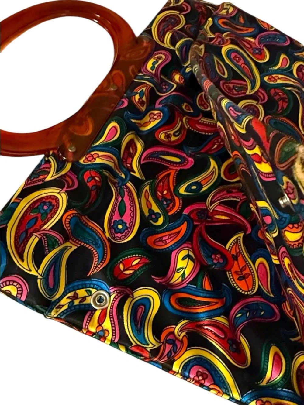 Vintage 60s 70s Multicolor Paisley Handbag Lucite Handle Psychedelic Mod Boho
